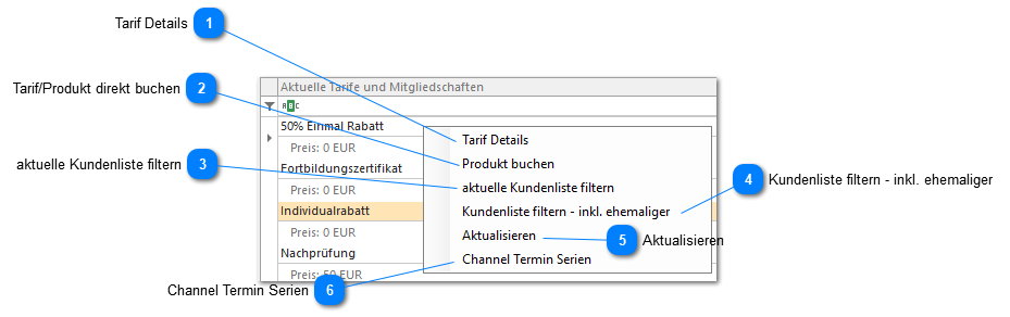 Kontext-Menü-Funktionen der Tarifübersicht